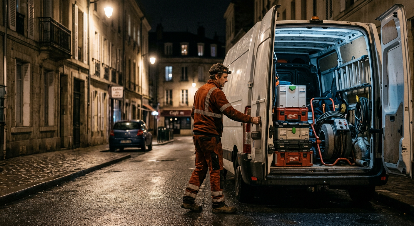 Technicien en combinaison orange chargeant son matériel dans le véhicule de dépannage, de nuit